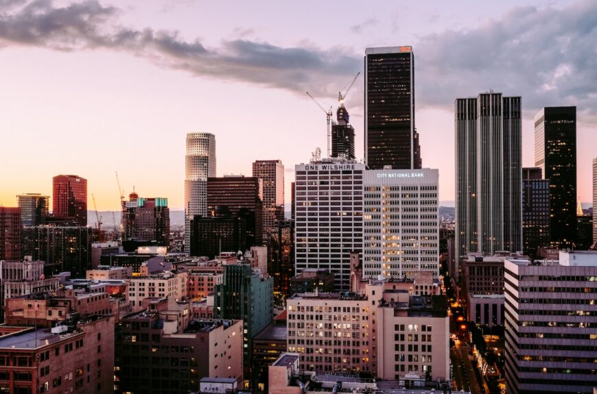 aerial photo of Los Angeles buildings during dusk